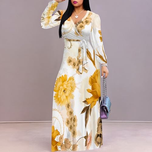 Image of Women's Maxi Dresses Yellow Fall Plus Size Church Floral Long Sleeve Wrap Formal Dress Boho Wedding Garden Party