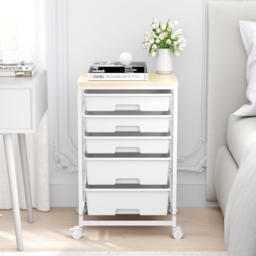Image of SYKIARIOL Utility Cart with 5 Drawers,Storage Drawer Cart with Wooden Tabletop and Lockable Wheels,Craft Storage Trolley Cart,5-Tier Rolling Utility Cart on Wheels,Bright White