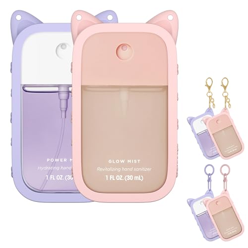Sonnorel 2 Packs Silicone Case Compatible with Touchland Hand Sanitizer Spray (Fit for 1 FL OZ/30 mL Ver) Portable keychain Cute Color Ears (Purple Pink)