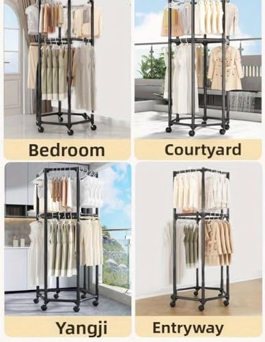 Image of HIWARE 360 Rotating Metal Clothes Rack with Wheels | Multi-Layer Garment Organizer Stand | Space Saving Clothing Rack for Bedroom, Boutique & Laundry | Heavy Duty Garment Hanger Stand - DOUBLE HANGER