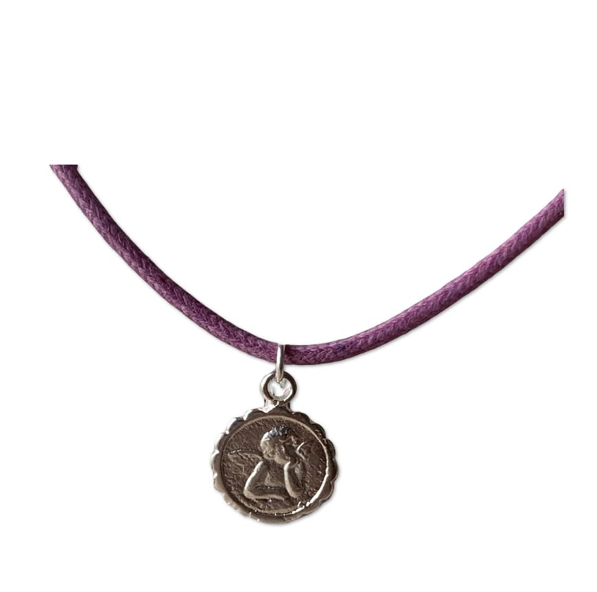 Collar niñas con Angel de la Guarda. Cordon de algodon encerado color lila. Regalo para Primera Comunión, Confirmación, Cumpleaños...