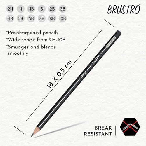 Image of BRUSTRO Fine Art Graphite Pencil - Set of 12 (10B - 2H) with Mechanical Precision Retractable Eraser(2.3mm) | Ideal for Drawing,Sketching,Mandala,Shading,Artwork, Beginners, Artists and Professionals