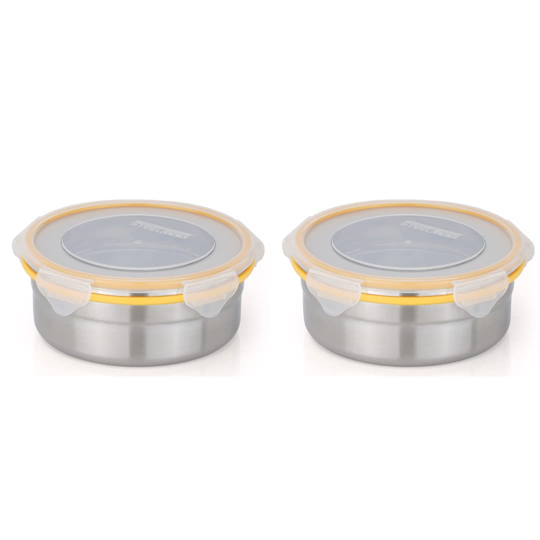 STEELLOCK Stainless Steel Container/Dabba with 4 Side Clip Lock see through Lid for Office & School Use/Food Grade/Air Tight/Easy to Carry/Leak Proof (SL-1102-5pcs X 200 ml, Yellow) (B0CLJX62LX) Amazon Price History, Amazon Price Tracker