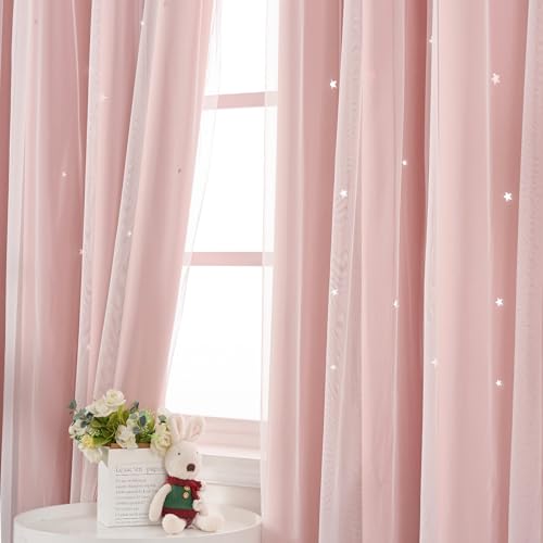 Image of Light Pink Curtains Drapes Blackout Nursery 45 Inch Length Cute Star Cutout | Girls Room Darkening Double Layer Curtain Tulle Lace 2 Panels Thermal Insulate Bedroom Short Window Treatments Cortinas Blush