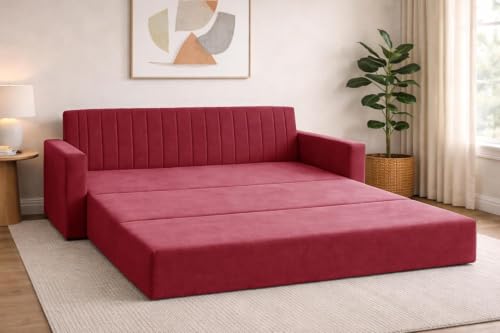Image of Sofa-Cum-Bed | 3-Seater Foladable Sofa Couch with Armrest | Modern Fabric Sofa for Living Room, Bedroom & Office-Red-Color