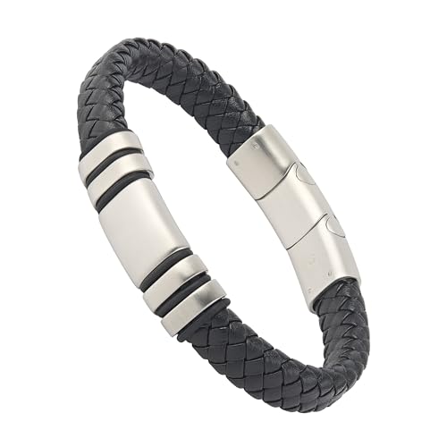 Forge & Foundry Men's Adjustable Black Leather Bracelet | Genuine Woven Leather with Stainless Steel Snap Clasp | Design-Led, Artisan Jewellery from London | Single Strand, Brushed Silver Clasp [Navarro]