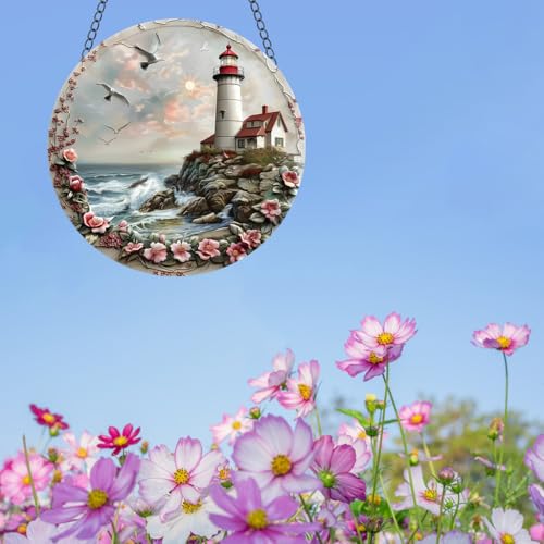 WOHAHA Lighthouse Acrylic Window Hanging Watchtower Seagulls Flower Stained Suncatchers for Window Acrylic Panels Bedroom Garden Kitchen Wall Decoration Gifts for Women Mom Grandma Teacher