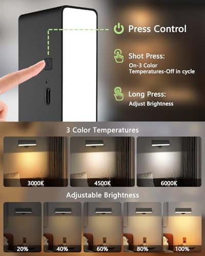 Image of Magnetic Battery-Operated Wall Sconce Lights: USB Rechargeable Wall Mounted Lights with Remote, 3CCT LED Dimmable Wall Sconce, 360 Rotation Cordless Wall Lamp for Bedroom Living Room, Black 1Pack