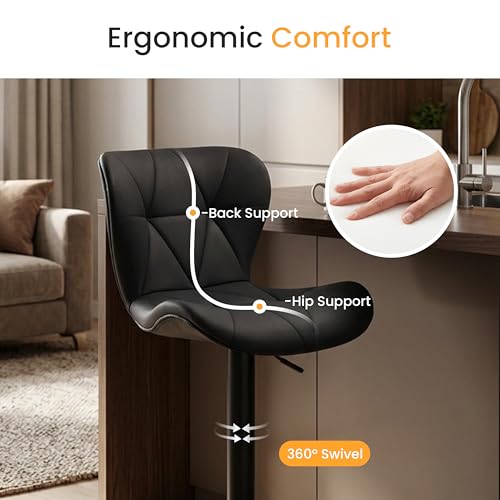 Image of HealSmart Bar Stools Set of 2, Adjustable Faux Leather Swivel Bar Stools, Counter Height Bar Chairs with Back for Kitchen Island, 360 Swivel, 300 lbs Capacity, Black