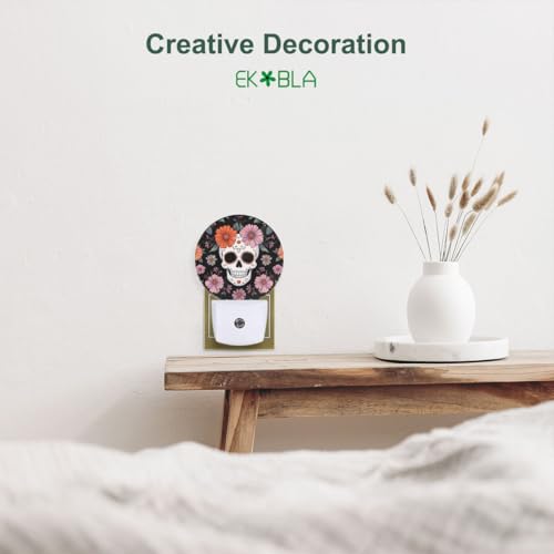 Image of EKOBLA Floral Skull Night Light, Skeleton and Flower Night Lights Plug Into Wall with Auto Sensor for Bedroom and Hallway