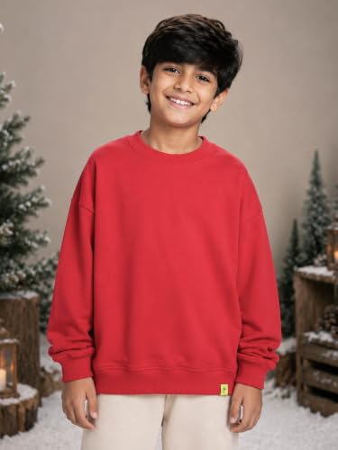 Image of KiddoPanti Boys Solid Round Neck Full Sleeve Fleece Sweatshirt | 60% Cotton 40% Polyester | Soft Warm Winter Pullover | Ribbed Cuffs & Hem | Casual Winter Sweatshirt for Kids