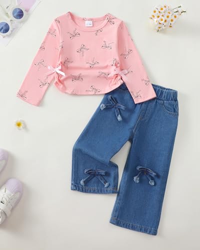 Image of Kucnuzki Toddler Baby Girl Clothes Long sleeve Fall Winter Shirt Tops Baggy Jeans Pants Set Kids Girls Outfits 2 Piece
