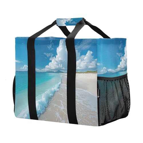 YETTASBIN Seaside Beach Large Foldable Travel Tote Bag, Lightweight Waterproof Swim Pool Bag with Handles & Pocket for Beach Outdoor, Reusable Grocery Bag for Kitchen, Shopping