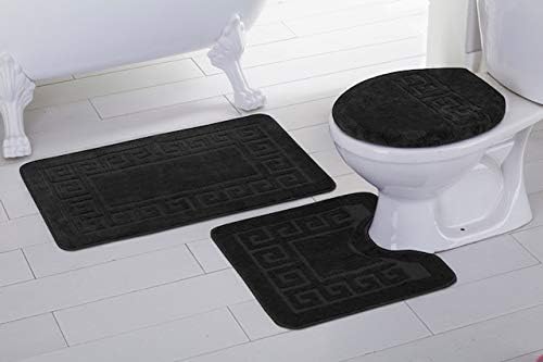 Elegant Home 3 Piece Bathroom Rug Set Bath Rug, Contour Mat, Lid Cover Non-Slip with Rubber Backing Greek Key Design Solid Color # Laura (Black)