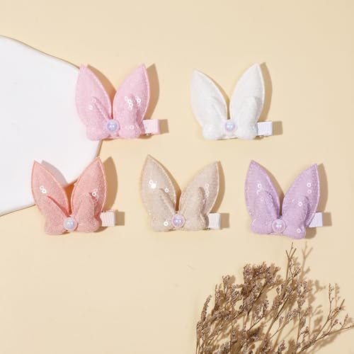 Cute Small Easter Bunny Hair Bow Clips For Girls – 5 Pcs Glitter Ribbon Rabbit Hairpins Barrettes, Handmade Spring Hair Accessories For Toddlers...
