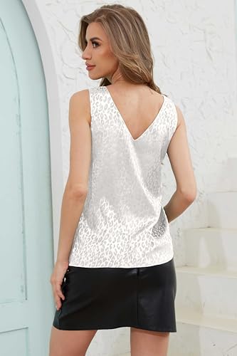 Image of Mawor Womens Summer Tops 2026 Trendy Silk Satin Camisole Fashion Dressy V Neck Tank Top Business Casual Shirts Blouses Outfits White Leopard Print L