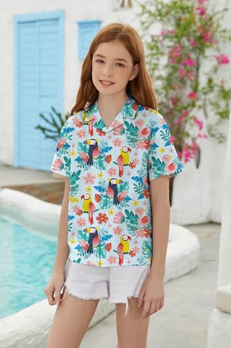 Image of SANGTREE Girls & Women's Hawaiian Shirts Button Down Short Sleeve Floral Tropical Shirt Beach Vacation Blouse Tops