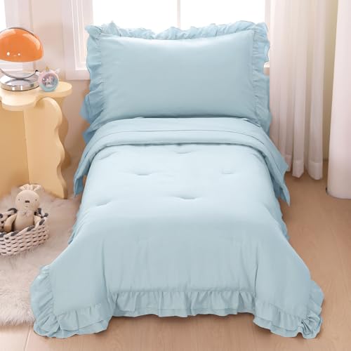 Image of Toddler Comforter for Girls Blue Toddler Bedding Set 4 Pieces Double Ruffles Comforter Sets, Cozy and Tender Bedding Includes Comforter, Fitted Sheet, Flat Top Sheet and Pillowcase, Blue