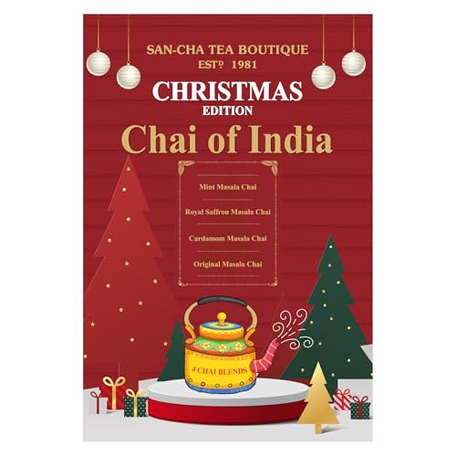 Image of Sancha Tea Boutique, Chai of India Christmas Edition Gift Box | 4 Premium Masala Chai Blends - Original, Cardamom, Saffron & Mint | Spiced Black Tea Gift Set
