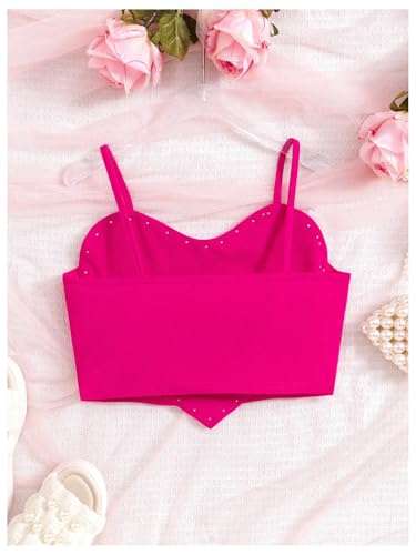 OYOANGLE Girl's Cute Pearl Beaded Spaghetti Strap Cami Top Asymmetrical Hem Slim Fit Crop Tops2