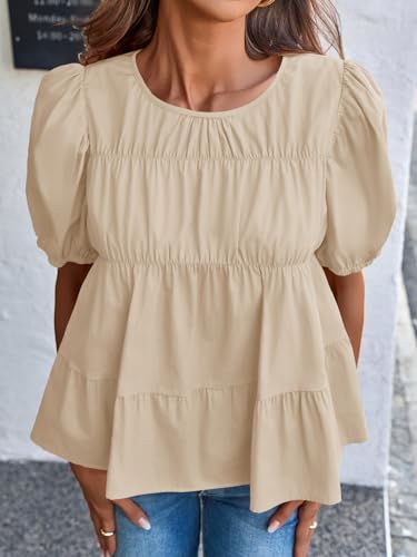 Image of Tankaneo Womens Puff Sleeve Peplum Babydoll Tops Summer Flowy Pleated Cotton T-Shirts Casual Loose Fit Cute Blouse