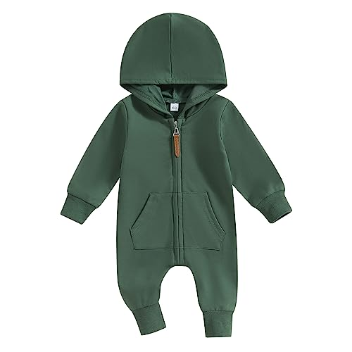 Image of AEEMCEM Newborn Baby Boy Girl Clothes Solid Color Zip Up Long Sleeve Hooded Romper Jumpsuit Coverall Fall Winter Outfit