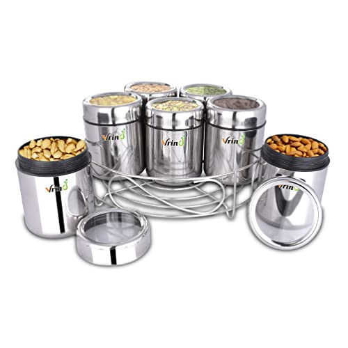 Image of Masala Dabba| Spice Container| Kitchen Jars and Containers| Storage Container| Masala Dani with Stainless Steel Spoon| Stainless Steel Containers with Stand (Large | 7-in-1 | Round)