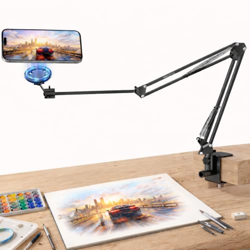 Image of BROLAVIYA Overhead Video Mobile Stand, New Magnetic Bracket with Extra Long Arm, 1 /4 inch Head 2 Way Base clamp, Strong Magnet Compatible with iPhone and Smartphones for Home, Office