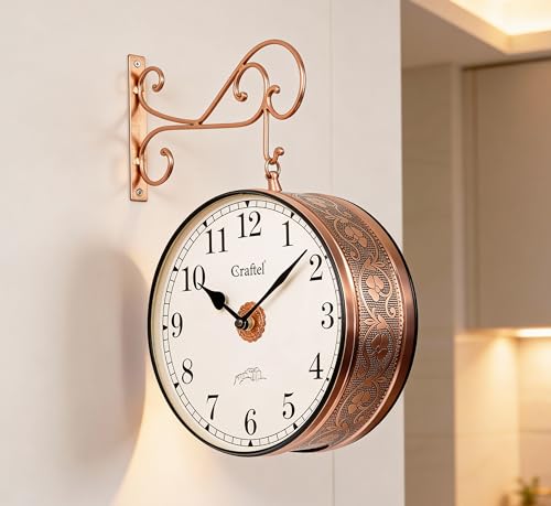 Image of CRAFTEL Double Sided Station Wall Clock Multi-Layer Electroplated | English Roman Numerals | Aluminum Dial Brass Body | Dial - 12 Inches, Rose Gold | 365 Days Warranty