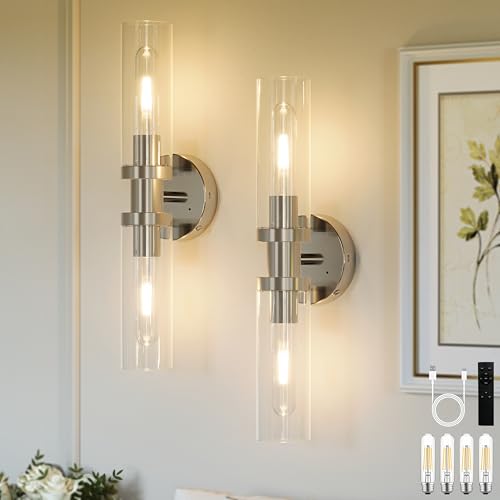 Image of Rayogale Nickel Wireless Battery Operated Wall Sconce with Remote Control | Dimmable Rechargeable Wall Lights Set of 2, Timer, No Hardwire, Touch Control, 8000mAh, 3000K, Glass, Emergency, 16.5 Inch