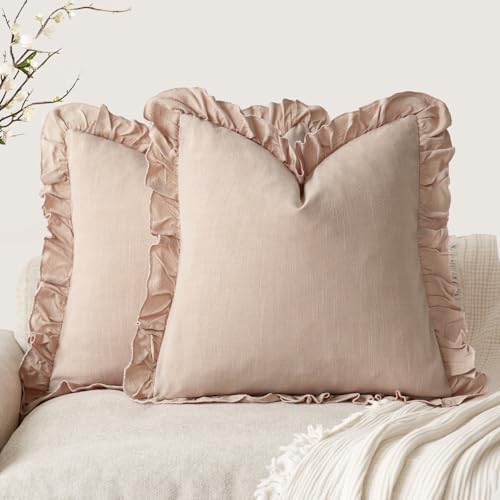 Image of Foindtower Set of 2 Decorative Linen Fringe Ruffle Throw Pillow Covers Soft Boho Farmhouse Cushion Cover Cozy Accent Retro Pillowcase for Couch Sofa Bed Living Room Home Decor,18x18 Inch,Light Pink