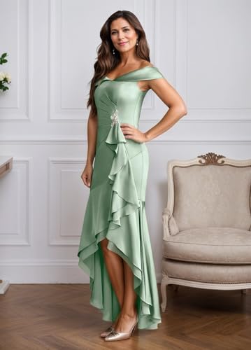 High Low Mother of The Bride Dresses for Wedding Off The Shoulder Formal Dress Satin Ruffles Evening Party Gown3