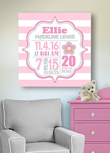 Personalized Stretched Canvas Birth Announcement Gift, Custom Baby Name, Date, Weight Stats, Newborn Flower Nursery Wall Art Decor, Wooden Frame Construction, Ready to Hang 12X12
