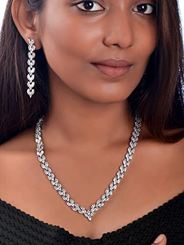 Image of Yellow Chimes Jewellery Set for Women Rhodium Plated Cubic Zircon Silver Necklace with Earring Set Floral Design Classic CZ Stoned Jewellery Set for Women and Girls