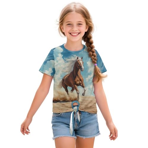 Novelty Girls Tie Front Top Summer Short Sleeve T Shirts Casual Crewneck Tops for Kids Size 5-12
