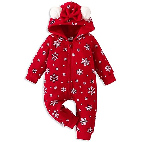 Image of AMAWMW Newborn Baby Girl Winter Outfit Hooded Jumpsuit Infant One Piece Romper Baby Warm Snowsuit Clothes Gifts Set