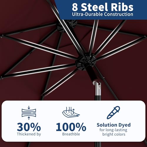 9Ft Patio Umbrella - 8 Sturdy Ribs Outdoor Table Umbrella with Crank Lift & Push Button Tilt - Market Umbrella for Pool, Deck, Yard, Garden - Dark Red