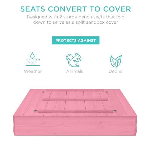 Image of Best Choice Products Large Outdoor Wooden Sand Box for Kids, Sandbox with Cover, Bench Seats Support up to 220 lbs, Bottom Liner for Drainage, Cedar Wood - Pink