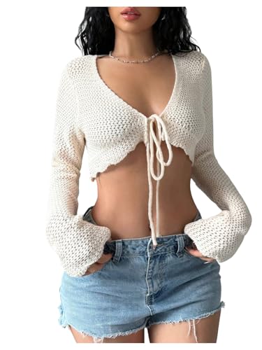 OYOANGLE Women's Tie Front Crop Crochet Cardigans Long Sleeve V Neck Knit Shrugs