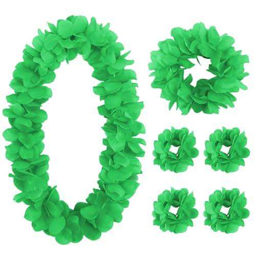 Hobby Horse HB0305 6 Pieces Hawaiian Luau Flower Leis Halloween Decor Leis Green Necklaces Bracelets Headband Anklets Set Tropical Party Favor cover