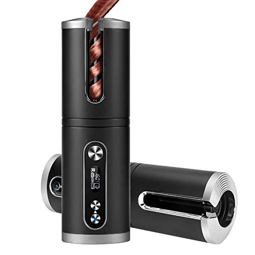 CestMall Cordless Rotating Curling Iron Auto Hair Curler USB Rechargeable Ceramic Curling Wand with LCD Display, Auto Shut-Off Functions, Adjustable Temperature/Timer, Black