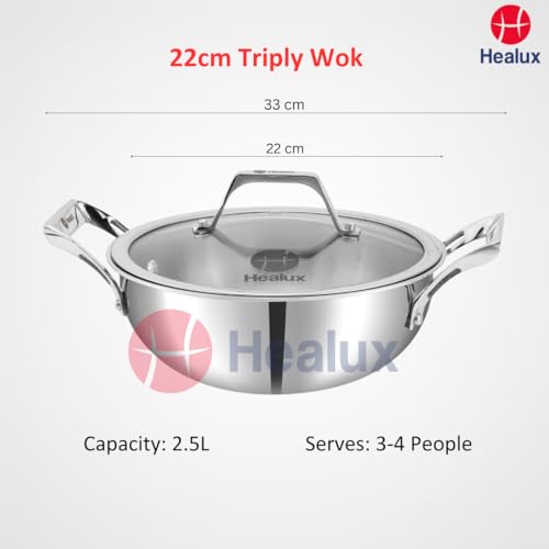 Healux Triply 22cm Maxi Wok with Glass Lid – 2.5L | Indian Kadai | Induction Friendly, Oven and Dishwasher Safe | 5 Years Guarantee – Silver | 304... - Image 3