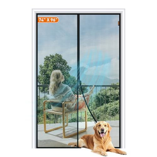 Image of MAGZO Magnetic Screen Door, Fits Door Size 74 x 96 Inches, Actual Screen Size 76 x 97 Inches Reinforced Fiberglass Mesh Curtain for French and Entry Entrance Mesh with Full Frame Hook & Loop, Gray