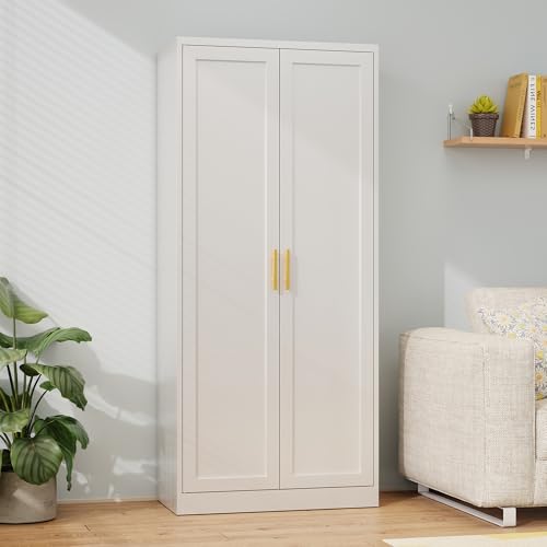 Image of Metal Pantry Cabinet, 71 inchH x 28 inchW x 14 inchD Pantry Cabinets with 2 Doors and 4 Adjustable Shelves, Kitchen Pantry Storage Cabinets, Metal Storage Cabinet for Kitchen, Dining Room, Living Room-White