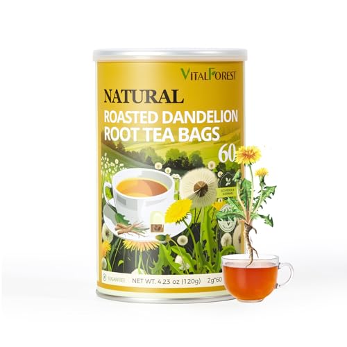60 Roasted Dandelion Root Tea Bags 2g/Bags VitalForest Natural Dandelion Tea Dried Dandelion Root Coffee Substitute Diente De Leon Caffeine Free Canister Packaged