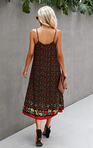 Image of Angashion Women's Dresses Floral Adjustable Spaghetti Strap V Neck Boho Long Maxi Dress Summer Beach Flowy Ethnic Sundress