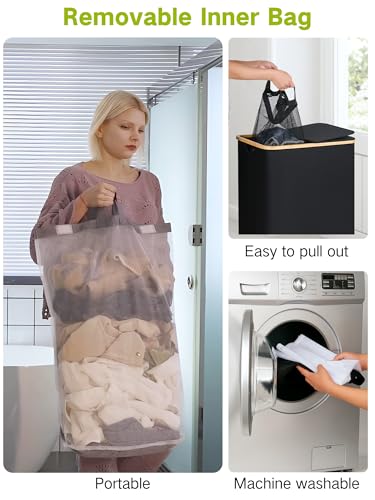 Image of efluky Double Laundry Hamper with Wheels, Divided Laundry Hamper with Removable Bags, 2 Section Dirty Clothes Basket with Handles for Bathroom, Bedroom & Laundry Room, 160L Dark Black