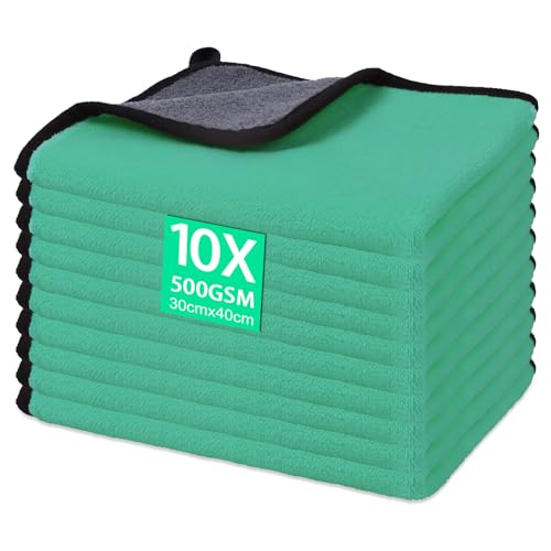 Gucass Set de 10 Bayetas Microfibra Coche, 30x40CM Paños de Coche Secado Coche, 500GMS Paños Microfibra Absorbentes y sin Pelusas, Paño Versátiles Trapos Limpieza, para Pulir Coches, Cocina(Verde)