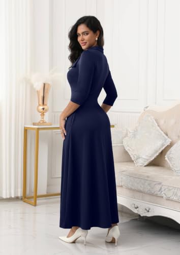 Image of FANDEE Maxi Long Dress Women, Church A Line Bow Tie Neck Casual Dresses | 3 /4 sleeve with pockets, tea party elegant wedding guest semi formal bridesmaid dress, m-3xl, machine wash