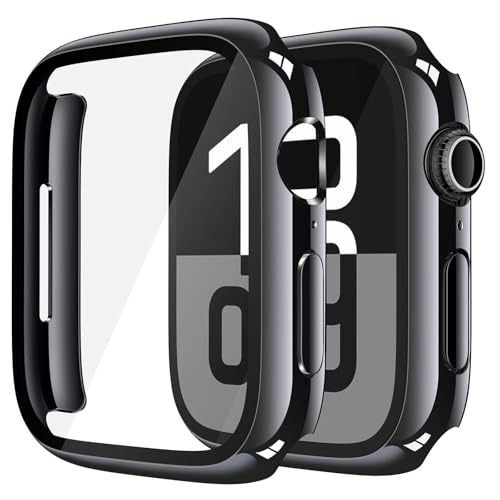 Image of VEMIGON Tempered Glass Case Compatible for Apple Watch Series 11 / Series 10 42mm, Hard PC Screen Protector Overall Protection Ultra-Thin Lightweight Scratch-Resistant Cover for iWatch, Jet Black
